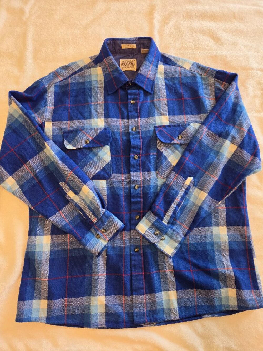 Saugatuck Dry Goods Vintage Blue Plaid Acrylic Flannel Shirt Mens XL